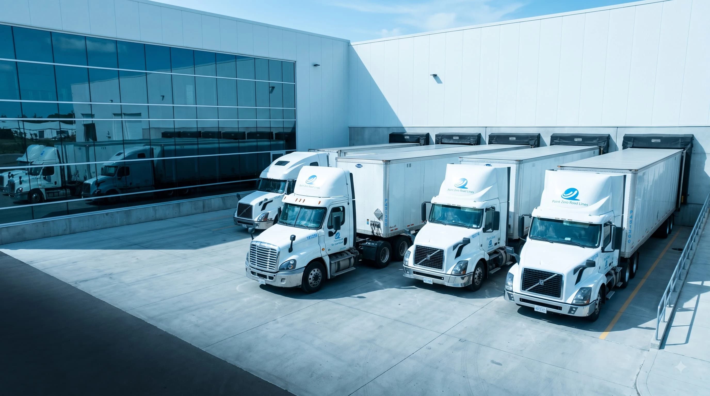 Point Zero Road Lines trucks stationed at warehouse loading docks